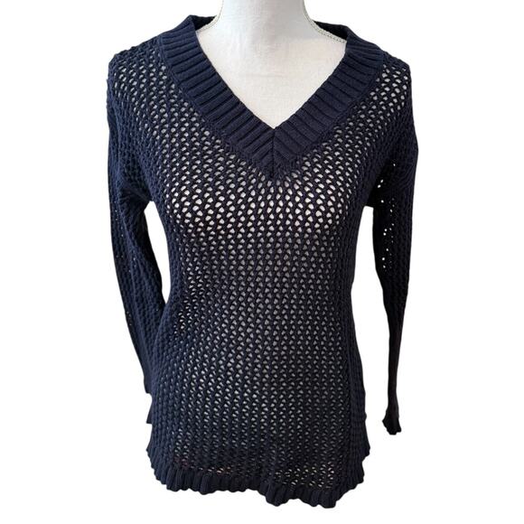 Talbots Fisherman Open Knit Cotton Sweater Navy Blue S - Picture 1 of 5